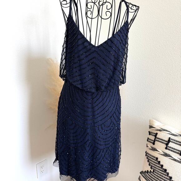 Adrianna Papell Navy Sequin Beaded Spaghetti Strap Mini Dress Size 2 - Picture 3 of 13